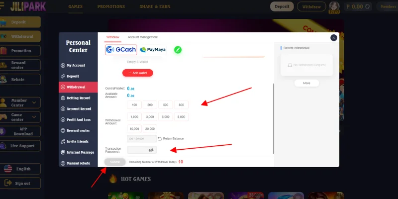After completing adding a bank account to your account, enter the amount you want to withdraw
