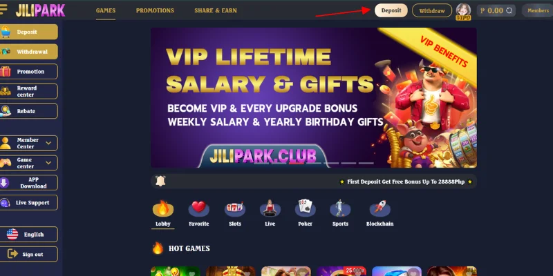 After registering or logging in, select Deposit Icon at Jilipark Lobby