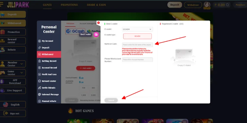 Enter the information of the e-wallet you are using and submit
