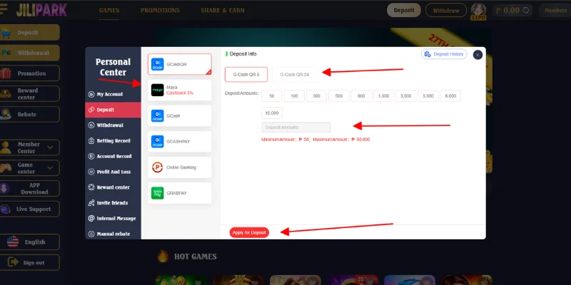 Select payment method, enter amount and deposit